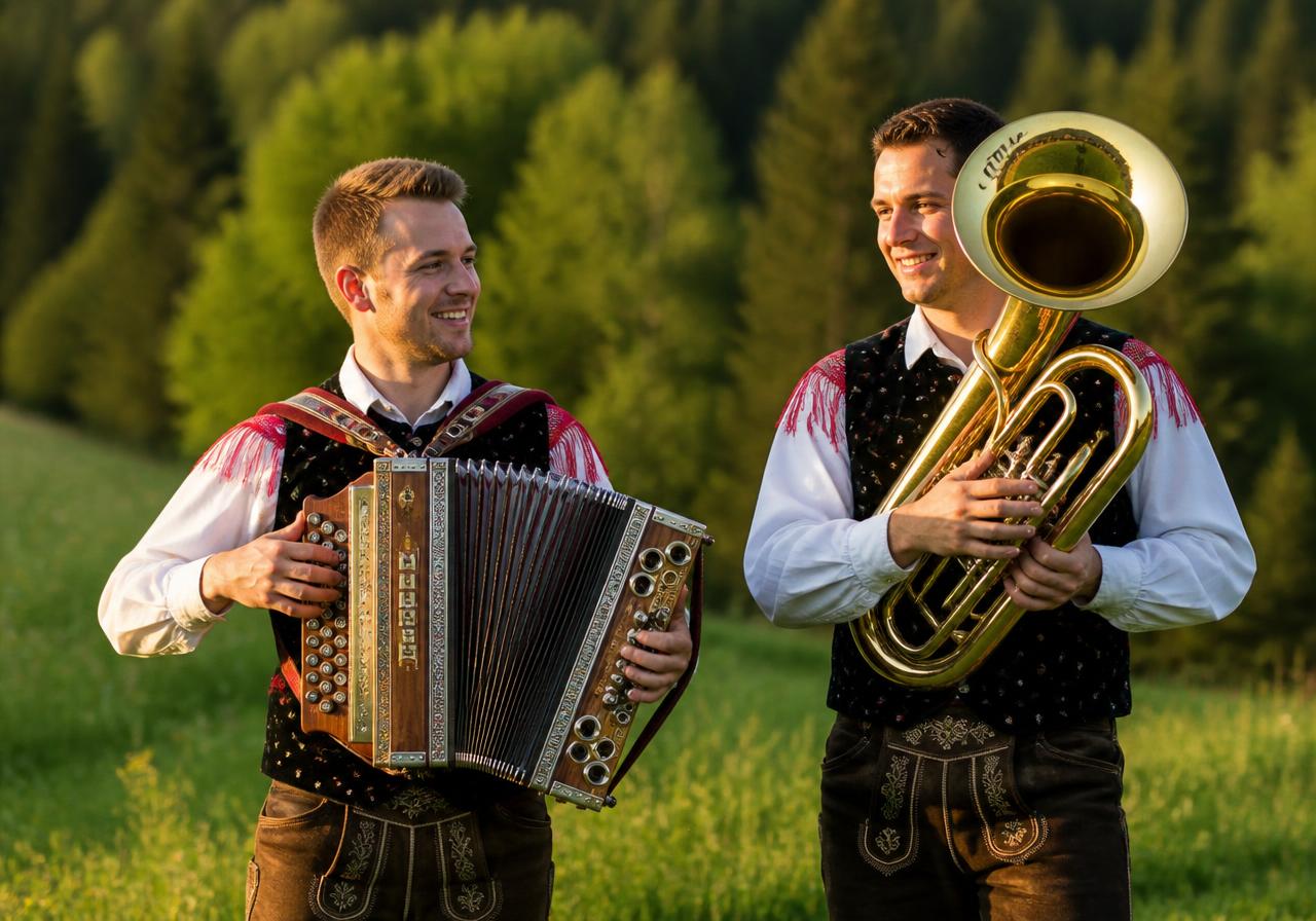 Dva slovenska domača glasbenika v narodnih nošah — harmonikar in trobentač na travniku